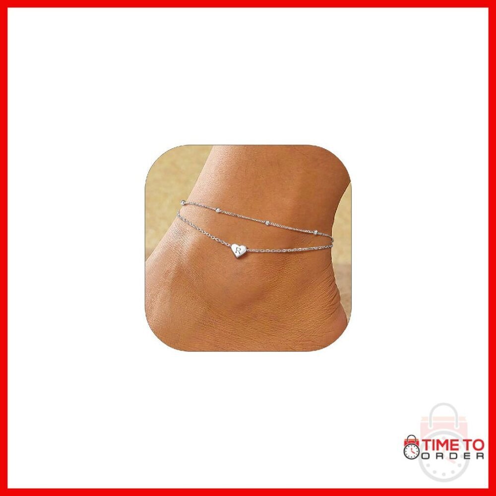 Sterling Silver Heart Anklet with Beaded Initial Adjustable Ankle Bracelet